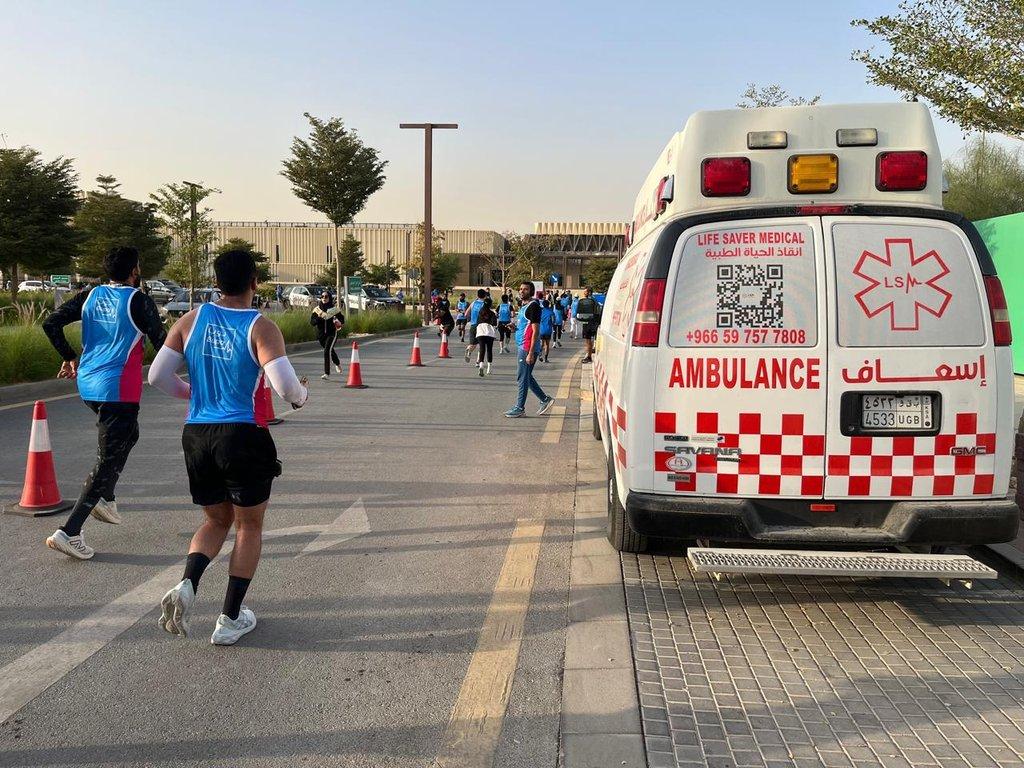 LSM ambulance providing medical coverage at a public running event