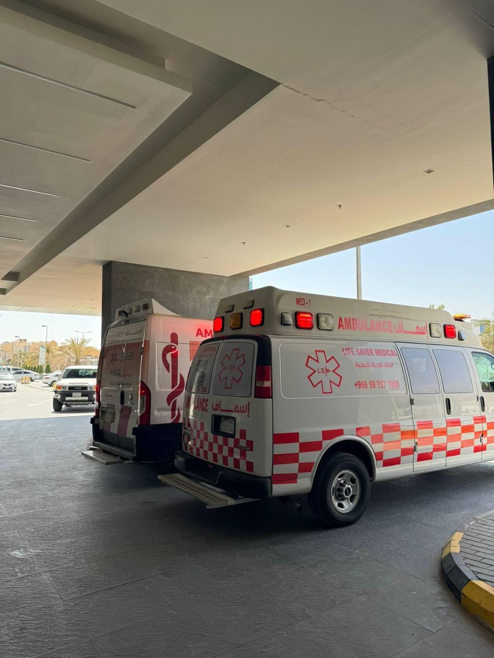 LSM ambulance stationed at a healthcare facility entrance